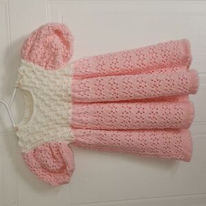 Hand knit pink and white dress, size 18-24 months